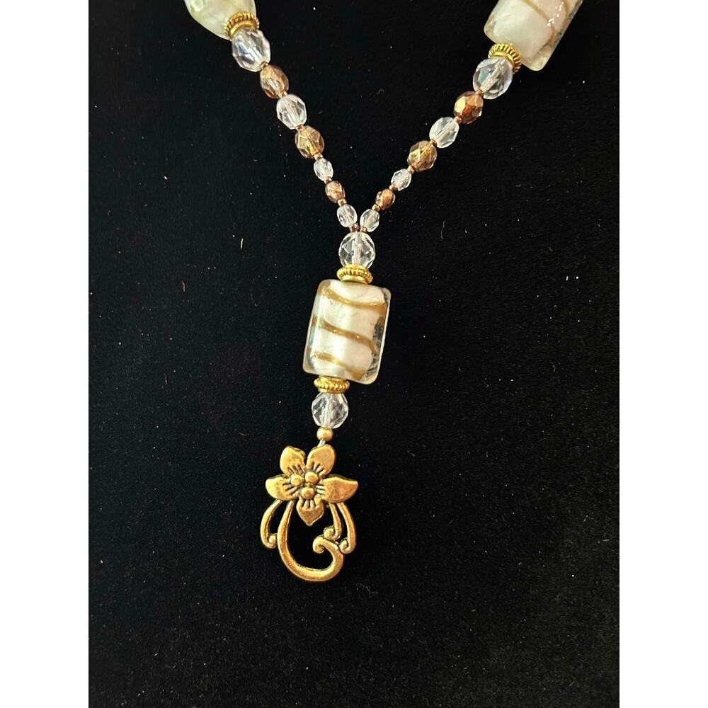 Vintage White Gold Glass Bead Necklace Floral Pendant Slip On No Clasp 16”